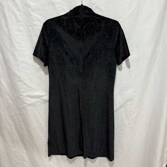 Black Velvet Burnout L/XL Paisley Mini Dress Mock Neck Short Sleeve Bodycon Y2K - Picture 8 of 15
